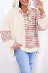 Colorblock Striped Patchwork Henley Pullover Top Exposed-Seam Drop-Shoulder
